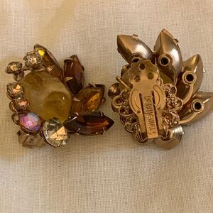 Beau Jewels Amber Brown Gold AB Rhinestone Clip Statement Earrings Vintage